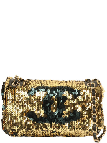 Top Quality Chanel Around 2008 Made Sequin Cc Mark Chain Bag Gold/Black