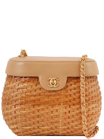 Top Quality Chanel Around 1998 Made Straw Leather Combination Turn-Lock Chain Shoulder Bag Beige