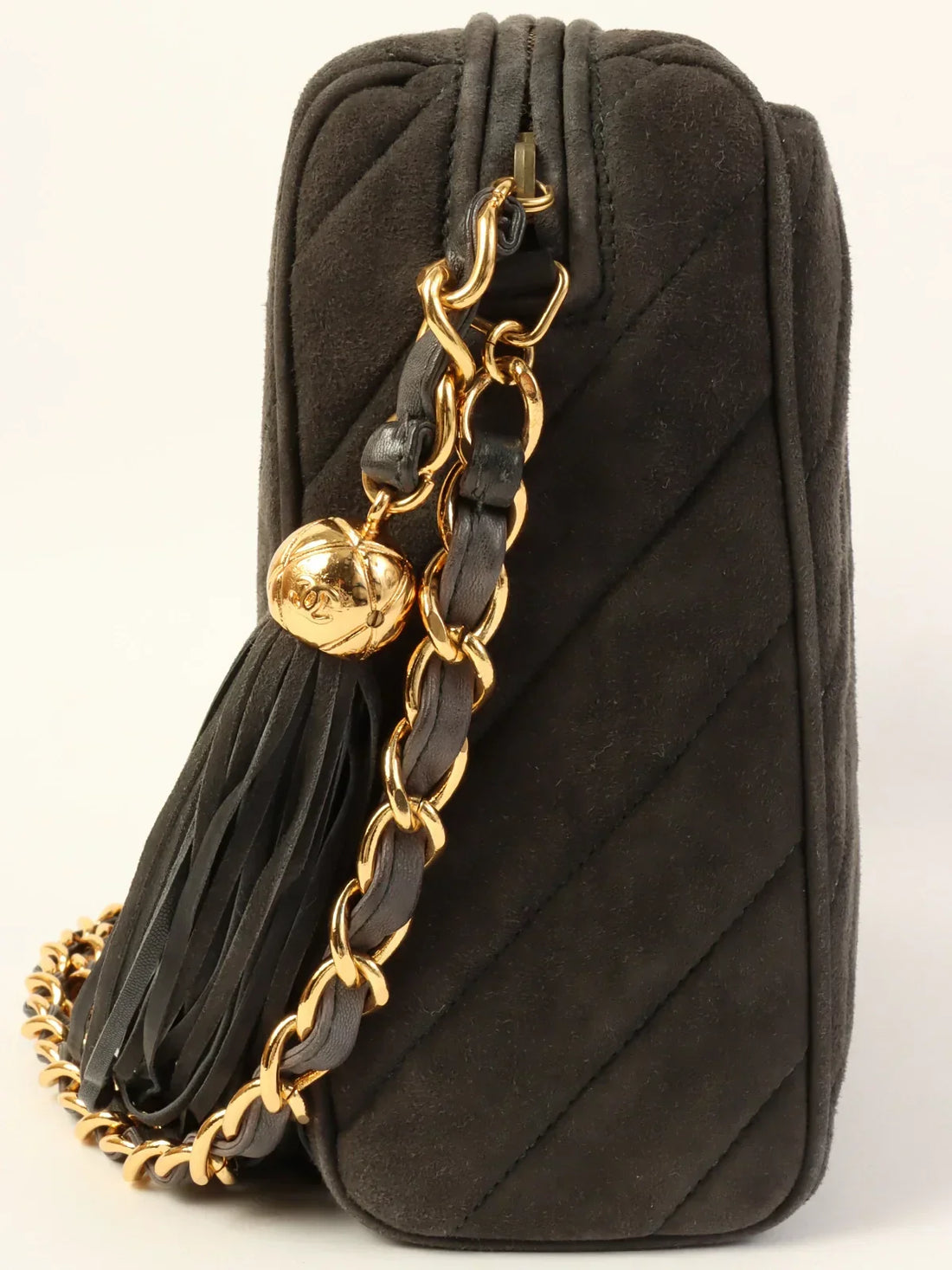 Top Quality Chanel Around 1995 Made Suede Cc Mark Stitch Tassel Chain Shouder Bag Gray