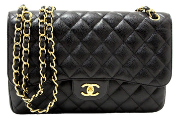 Top Quality Chanel Black Quilted Caviar Leather Classic Jumbo Double Flap Bag