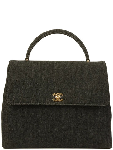 Top Quality Chanel Around 1998 Made Denim Turn-Lock Top Handle Bag Black