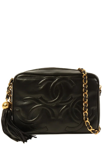 Top Quality Chanel Around 1995 Made Triple Cc Mark Stitch Tassel Chain Shoulder Bag Black