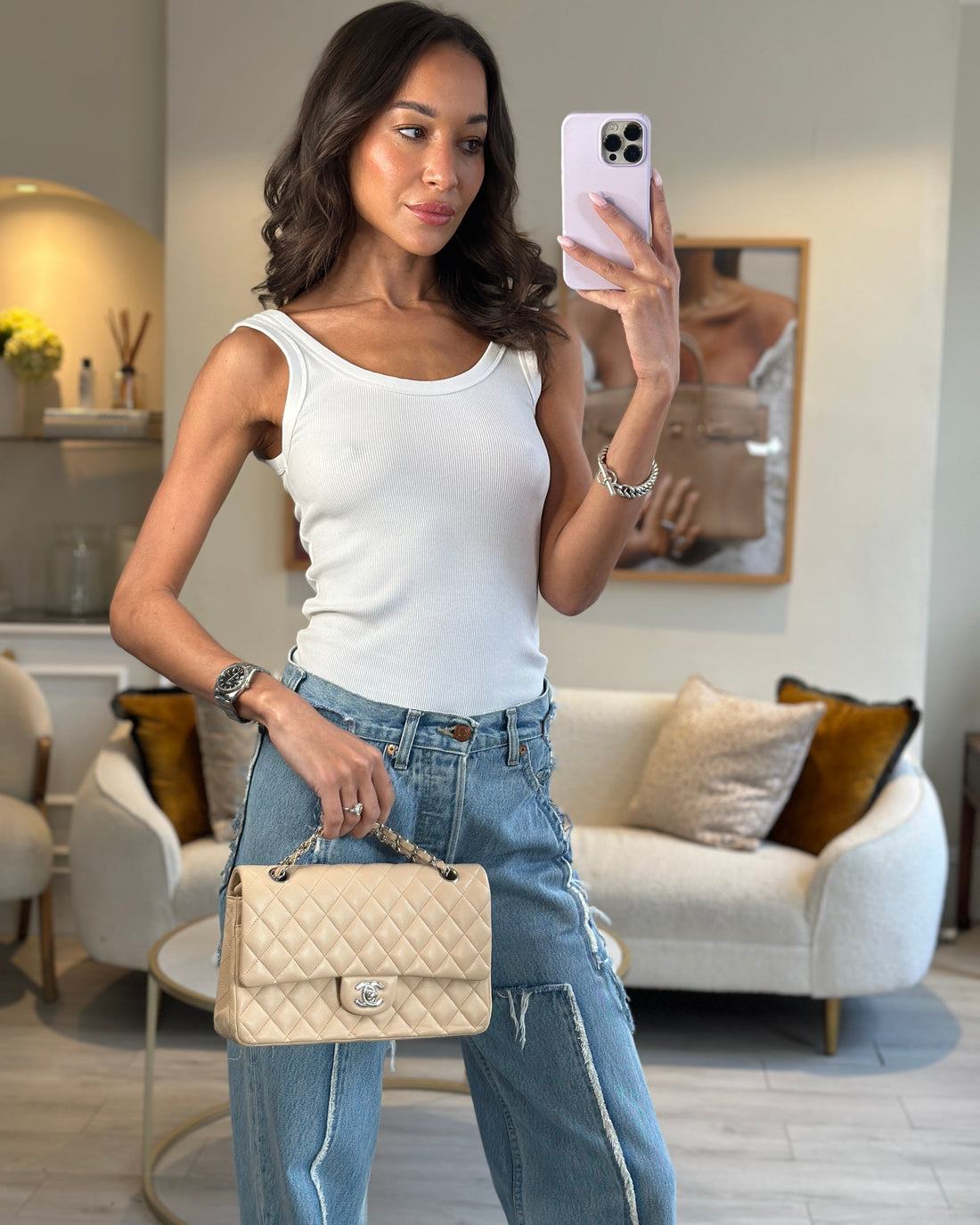 *FIRE PRICE* Top Quality Chanel Beige Medium Double Flap Bag in Lambskin Leather with Silver Hardware