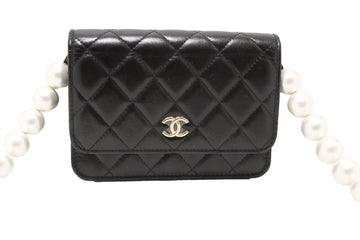Top Quality Chanel Black Quilted Calfskin Leather Wallet with Pearl Chain