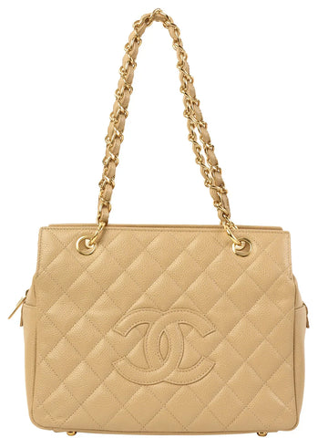 Top Quality Chanel Around 2001 Made Caviar Skin Cc Mark Stitch Chain Tote Bag Greige