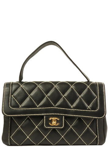 Top Quality Chanel Around 2004 Made Wild Stitch Turn-Lock Top Handle Bag Black
