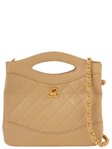 Top Quality Chanel Around 1990 Made Turn-Lock 2Way Chain Bag Mini Beige