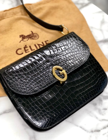 CELINE C logo Horse carriage Crocodile embossed leather Shoulder bag Black Old CELINE New 1:1 6tmne2