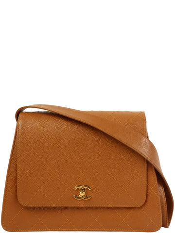 Top Quality Chanel Around 1998 Made Caviar Skin Turn-Lock Shoulder Bag Camel