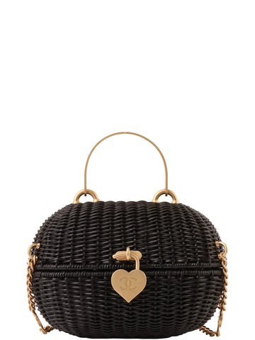 Top Quality Chanel Around 2004 Made Straw Heart Cc Mark Plate 2Way Bag Black