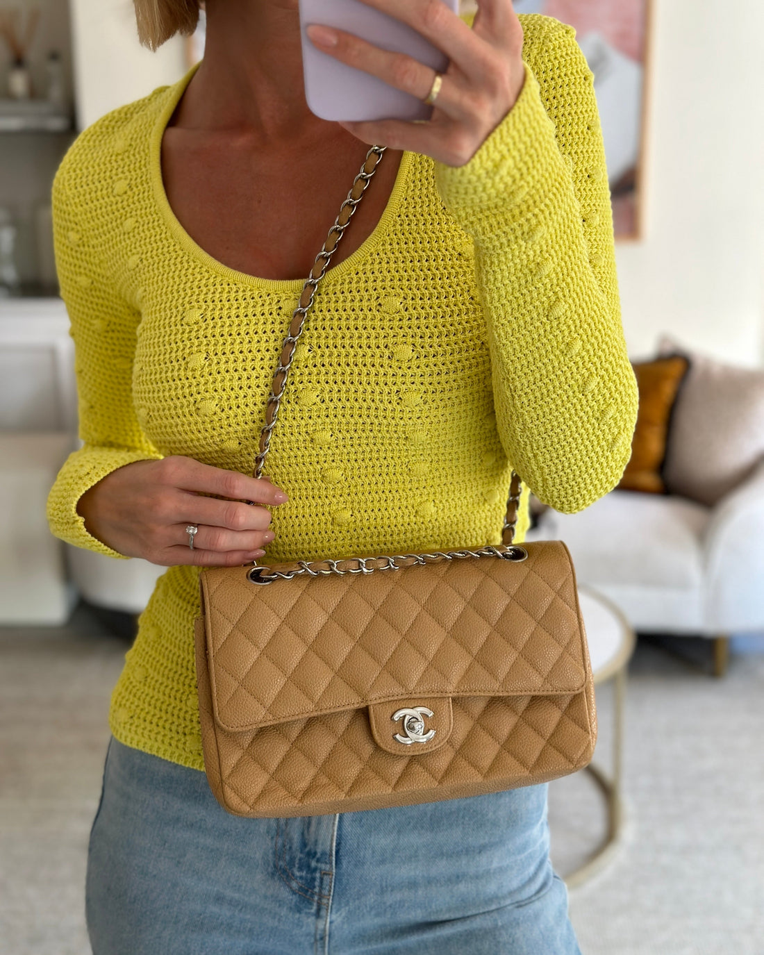 Top Quality Chanel Chai Latte Medium Classic Double Flap Bag in Caviar with Silver Hardware