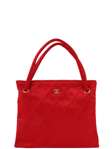 Top Quality Chanel Around 1985~1990 Made Silk Satin Rhinestone Cc Mark Platetop Handle Bag Red