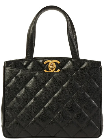 Top Quality Chanel Around 1997 Made Caviar Skin Turn-Lock Tote Bag Black