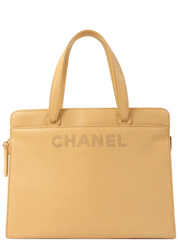 Top Quality Chanel Around 1998 Made Caviar Skin Logo Embroidered Tote Bag Beige