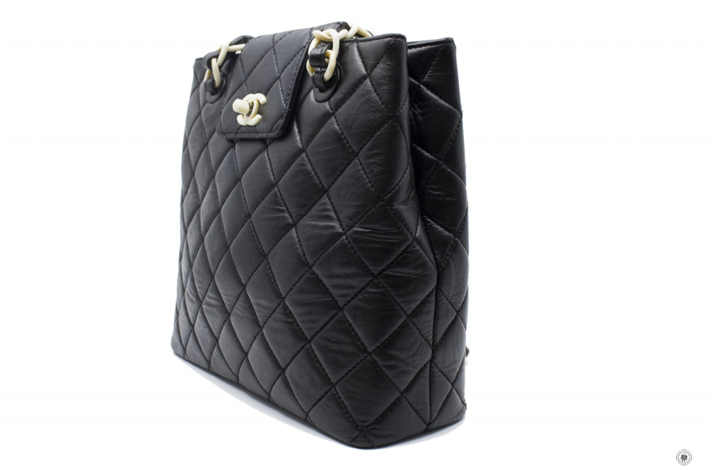 Top Quality Chanel  With Resin Woven Chain And Lock Black Lambskin Tote Bag