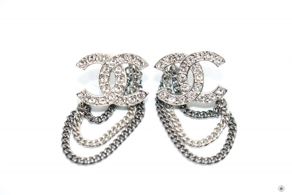 Top Quality Chanel AB7062B06545 CC Logo With Cyrstal And Chains Silver / NF074 Metal 1.8CMX1.3CM Earrings Shw