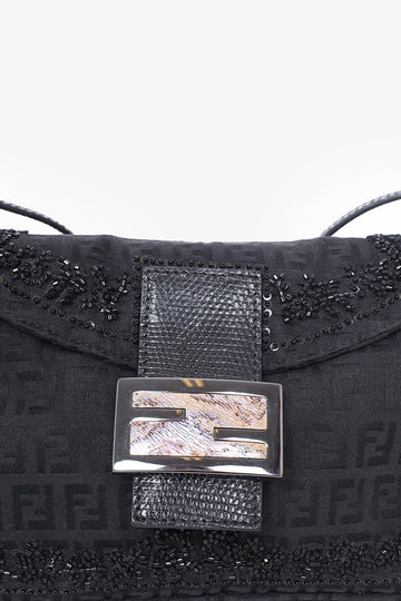 Fendi Black FF Zucca Beaded Lizard Trimmed Baguette