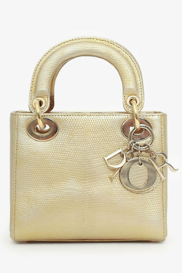 Christian Dior 2018 Gold Metallic Lizard Leather Mini Lady Dior with Strap
