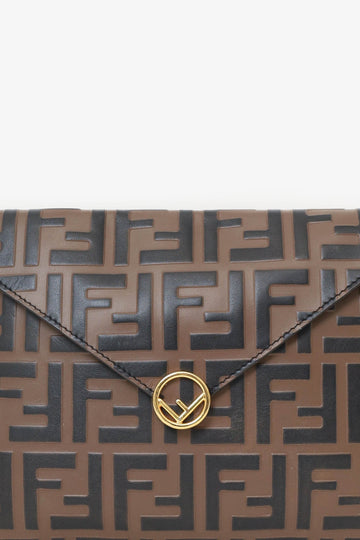 Fendi Brown Leather FF Motif Flat Clutch Flap Pouch