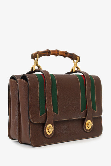 Gucci Brown Leather/Cavas  Bamboo Top Handle Bag with Strap