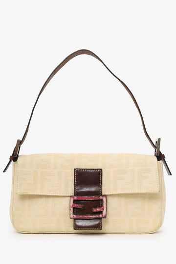 Fendi Beige Zucca Baguette Shoulder Bag with  Fur Buckle