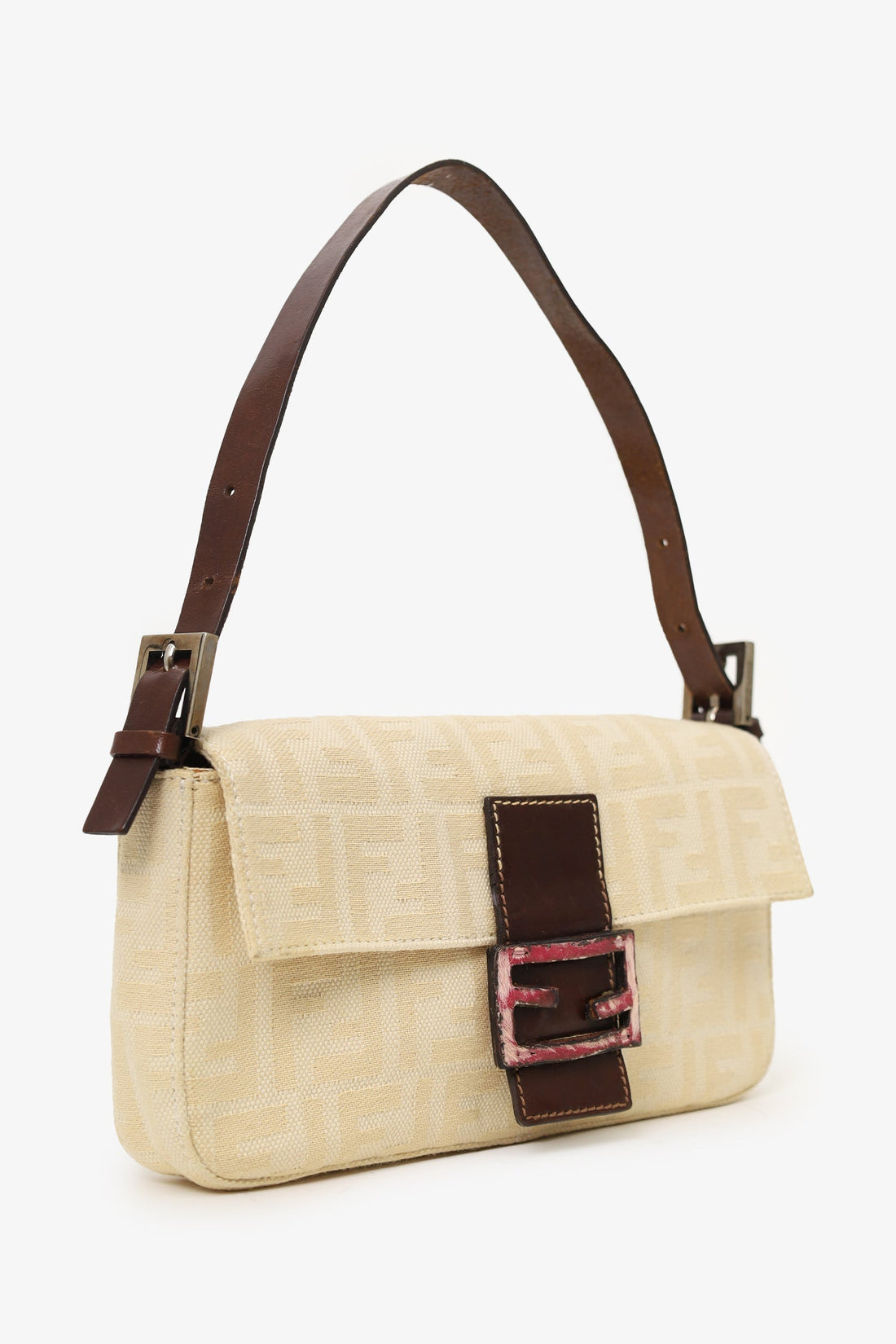 Fendi Beige Zucca Baguette Shoulder Bag with  Fur Buckle