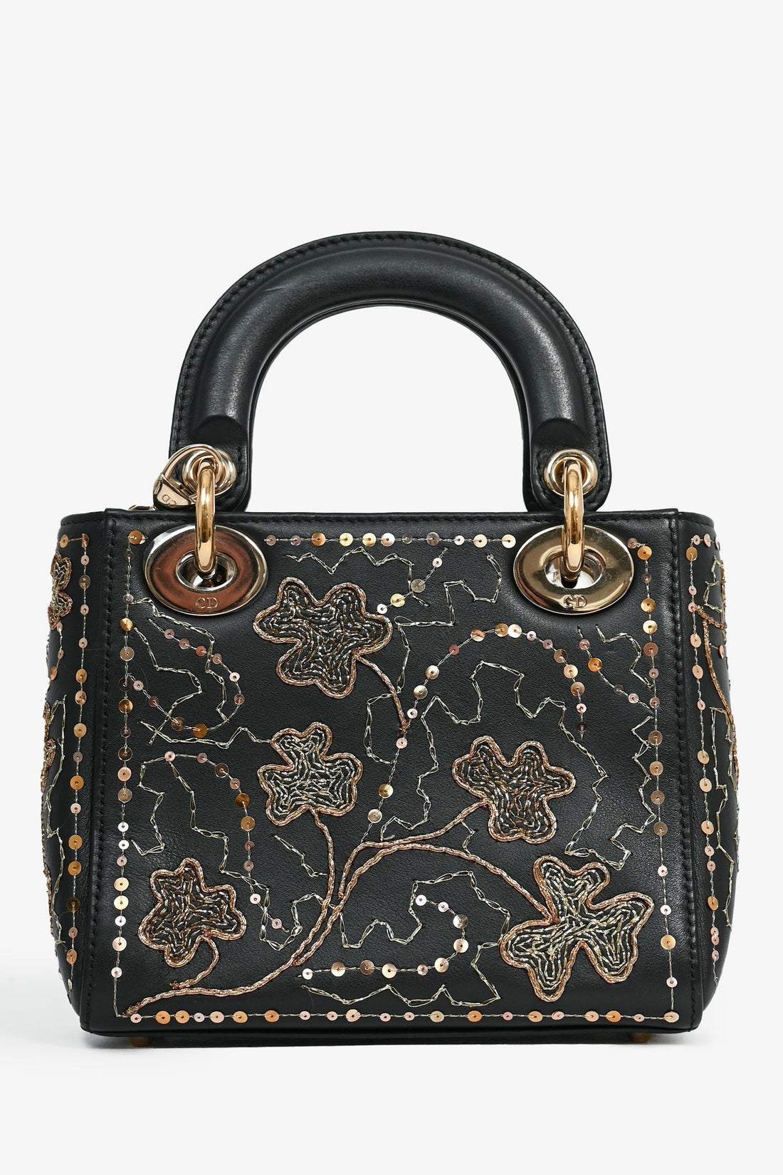 Christian Dior Black Leather Gold 'Clovers' Embroidered Mini DOR