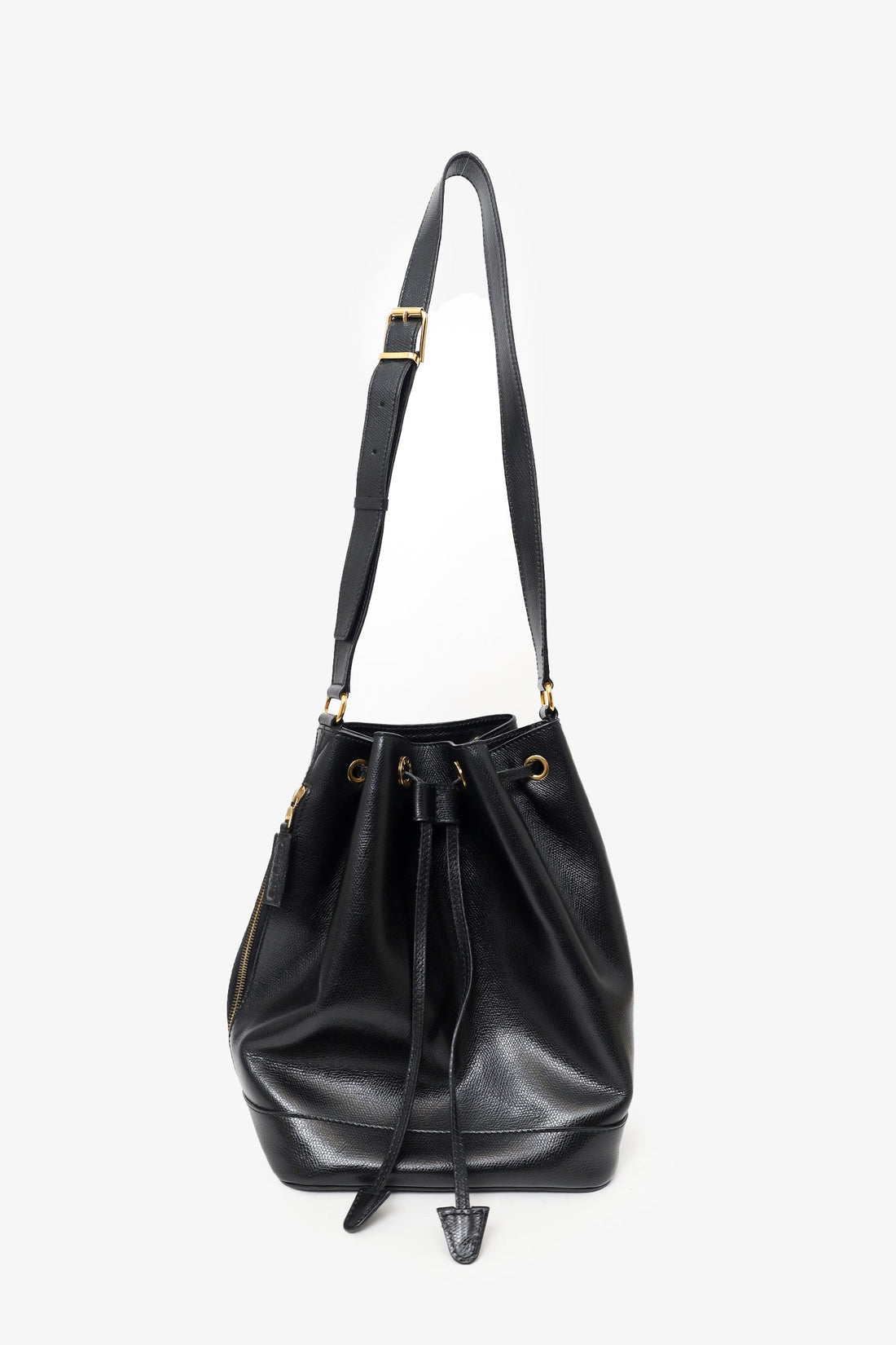 Celine Black Leather Plain Drawstring Bucket Bag