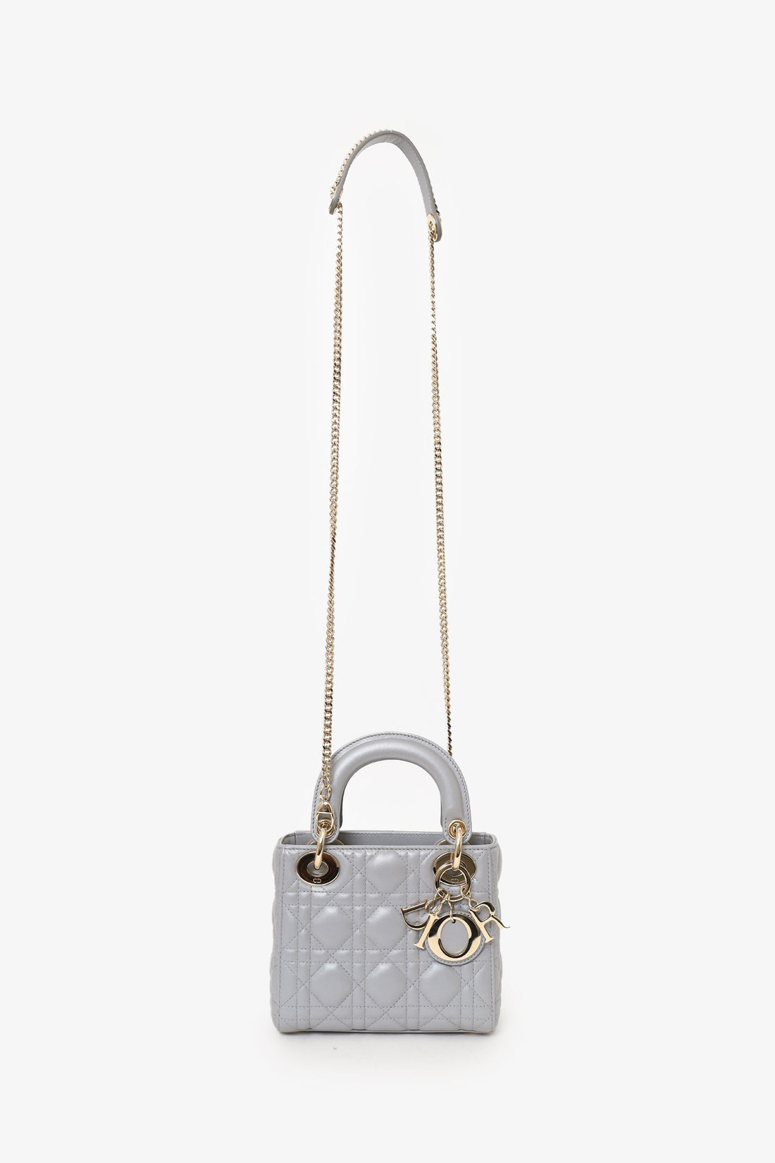 Christian Dior 2019 Grey Leather Cannage Mini Lady Dior with Strap