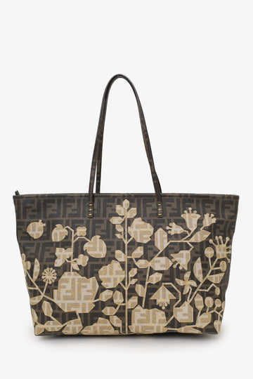 Fendi Brown Flower Spalmati Monogram FF Zucca Roll Tote Bag