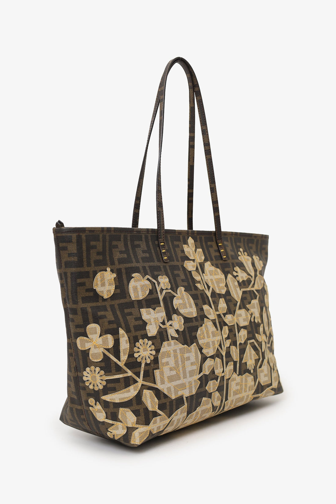 Fendi Brown Flower Spalmati Monogram FF Zucca Roll Tote Bag