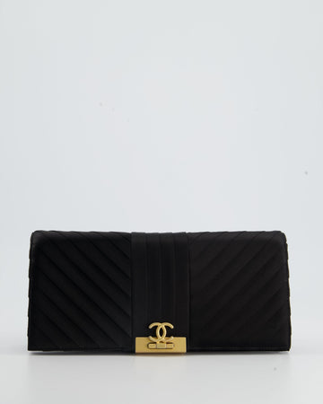 Top Quality Chanel Black Satin Long-Line Clutch Bag with Brushed Gold Hardware and CC Detail