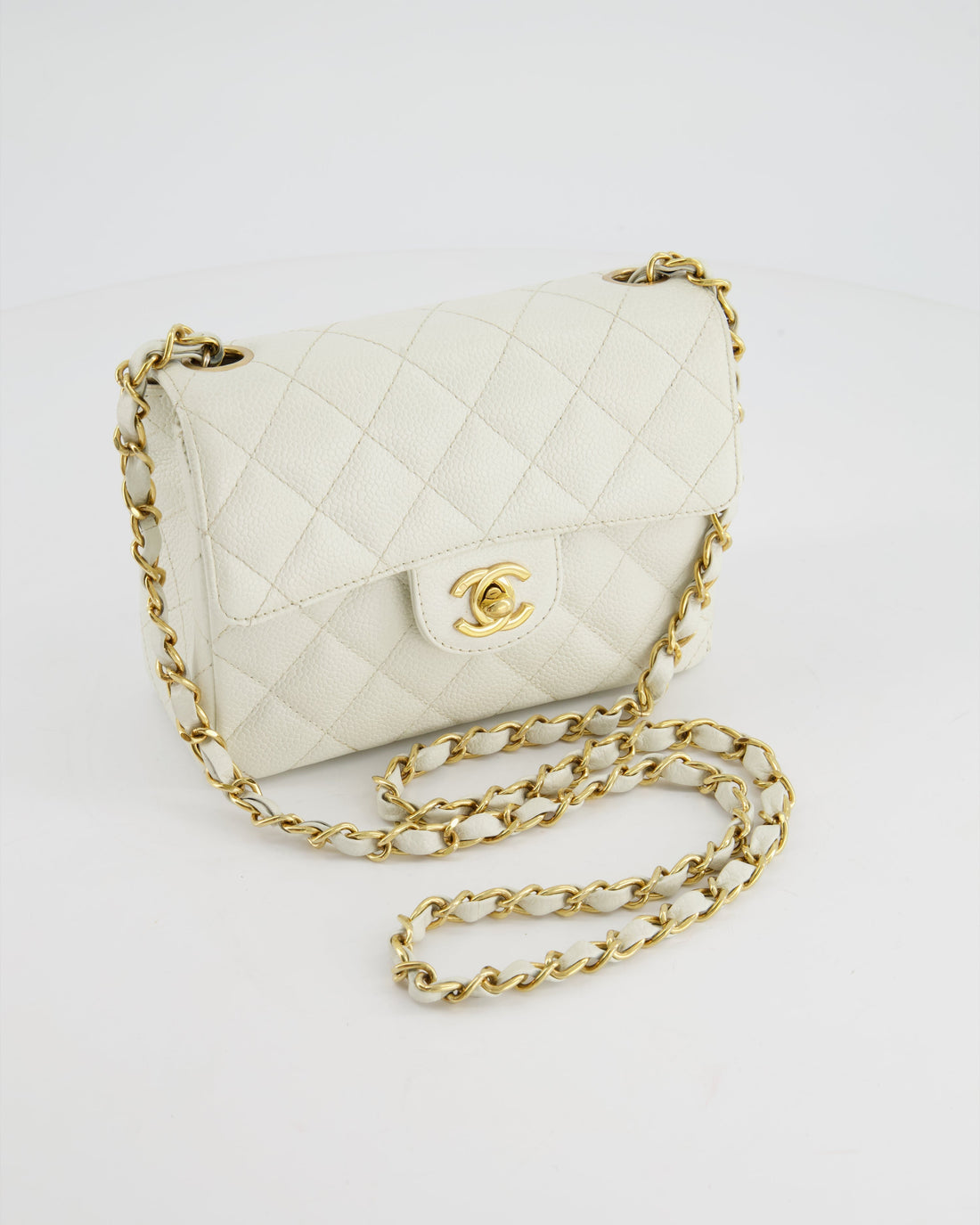 *RARE* Top Quality Chanel  White Caviar Mini Square Flap Bag with 24K Gold Hardware
