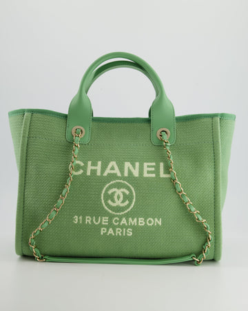 *HOT* Top Quality Chanel Pistachio Green Canvas Small Deauville Tote Bag with Champagne Gold Hardware