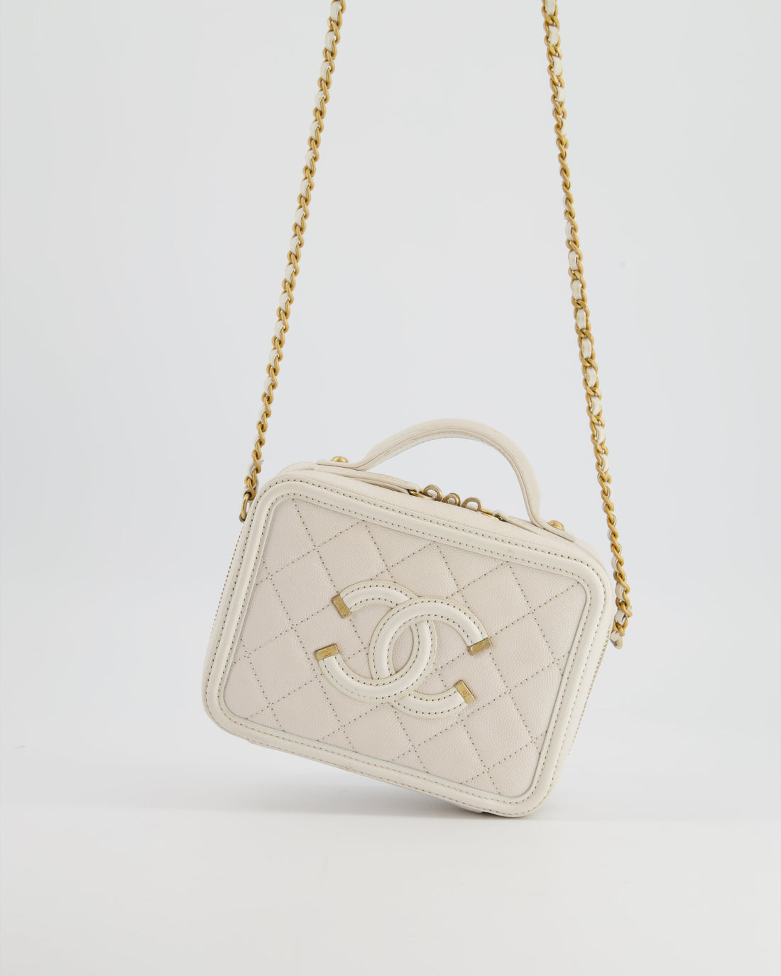 Top Quality Chanel White Small Vanity Case Bag in Caviar Leather with Champagne Gold Hardware