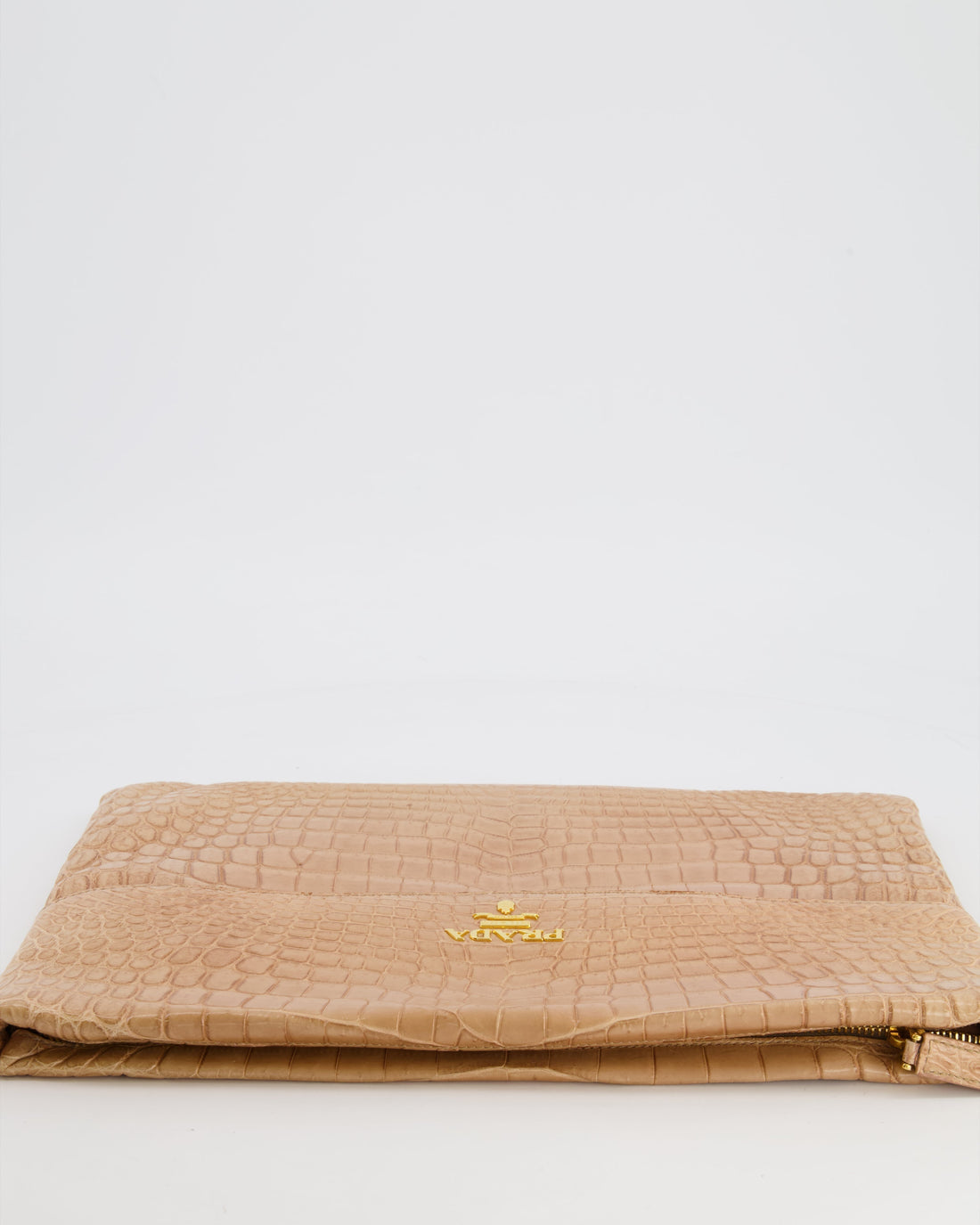 Prada Beige Crocodile Large Pouch Bag with Gold Hardware