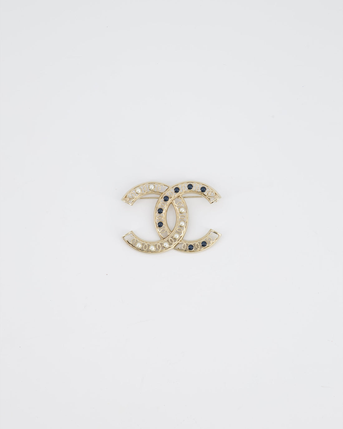 *HOT* Top Quality Chanel Large CC Pearls and Blue Crystals Brooch with Champagne Gold Hardware&nbsp;