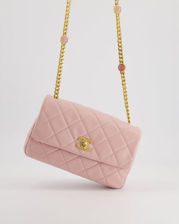 Top Quality Chanel Baby Pink Mini Flap Bag with Pastel Embellished Chain Detail in Lambskin Leather and Gold Hardware
