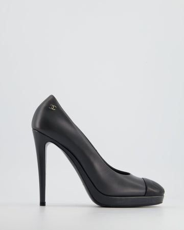 Top Quality Chanel Charcoal Round Toe Heels with Silver CC Logo Detail Size EU 40