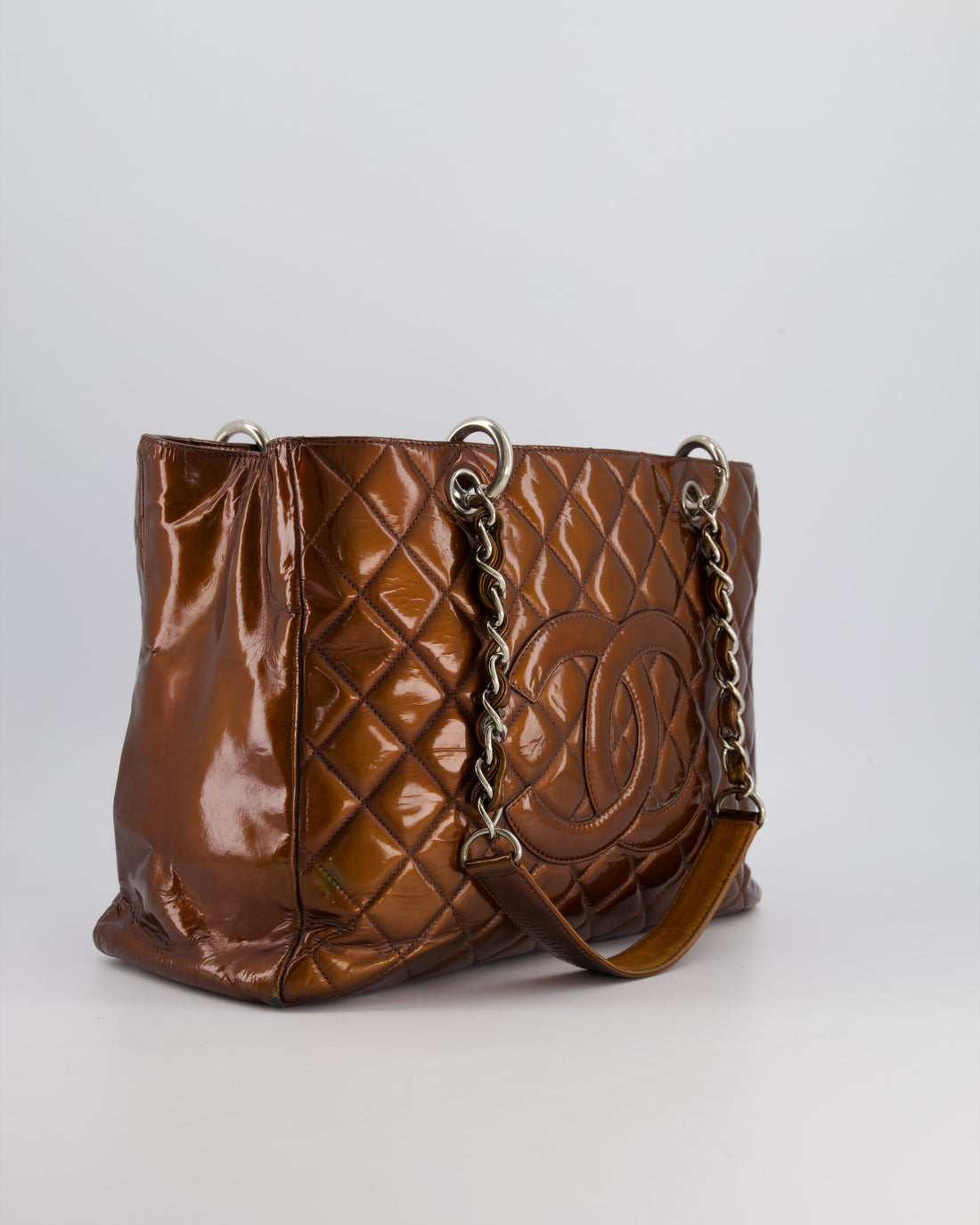Top Quality Chanel Bronze GST Grand Shopper Tote Bag in Patent Leather with Silver Hardware
