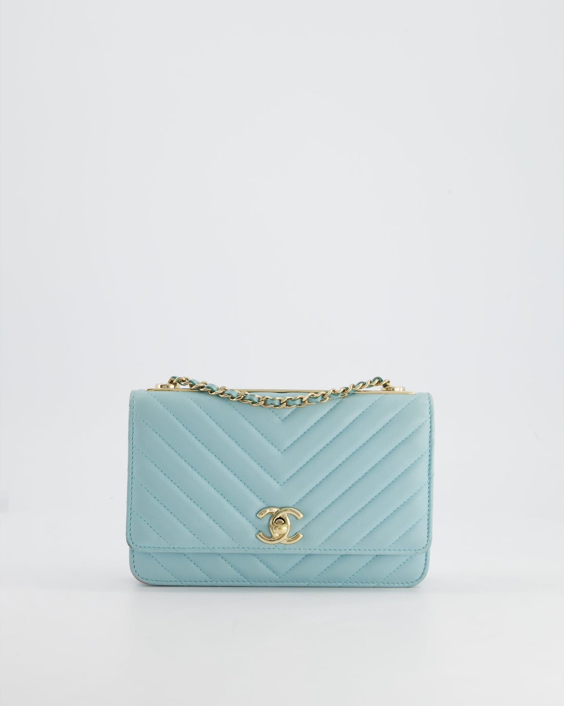 Top Quality Chanel Tiffany Blue Chevron Quilted Trendy Wallet on Chain Bag in Lambskin Leather with Champagne Gold Hardware