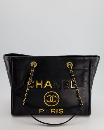 *HOT* Top Quality Chanel Black Small Deauville Tote Bag in Shiny Calfskin Leather with Antique Gold Hardware and Pearl, Crystal Logo Detail