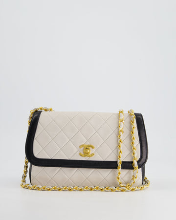 Top Quality Chanel  White, Black Trim Matelasse Cross-Body Bag in Lambskin Leather with 24K Gold Hardware