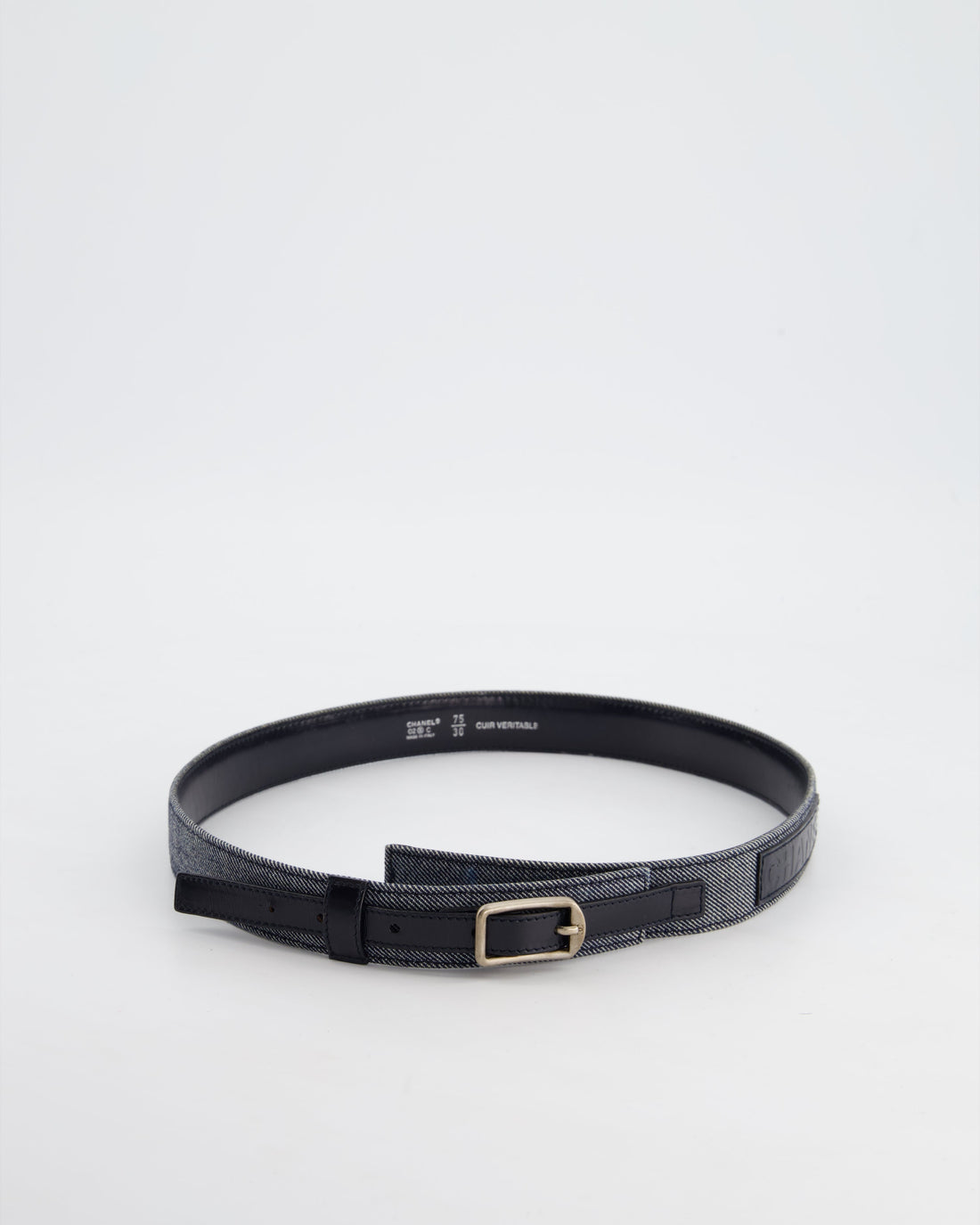 Top Quality Chanel  Denim & Black Leather Belt with Buckle Detail Size 75cm