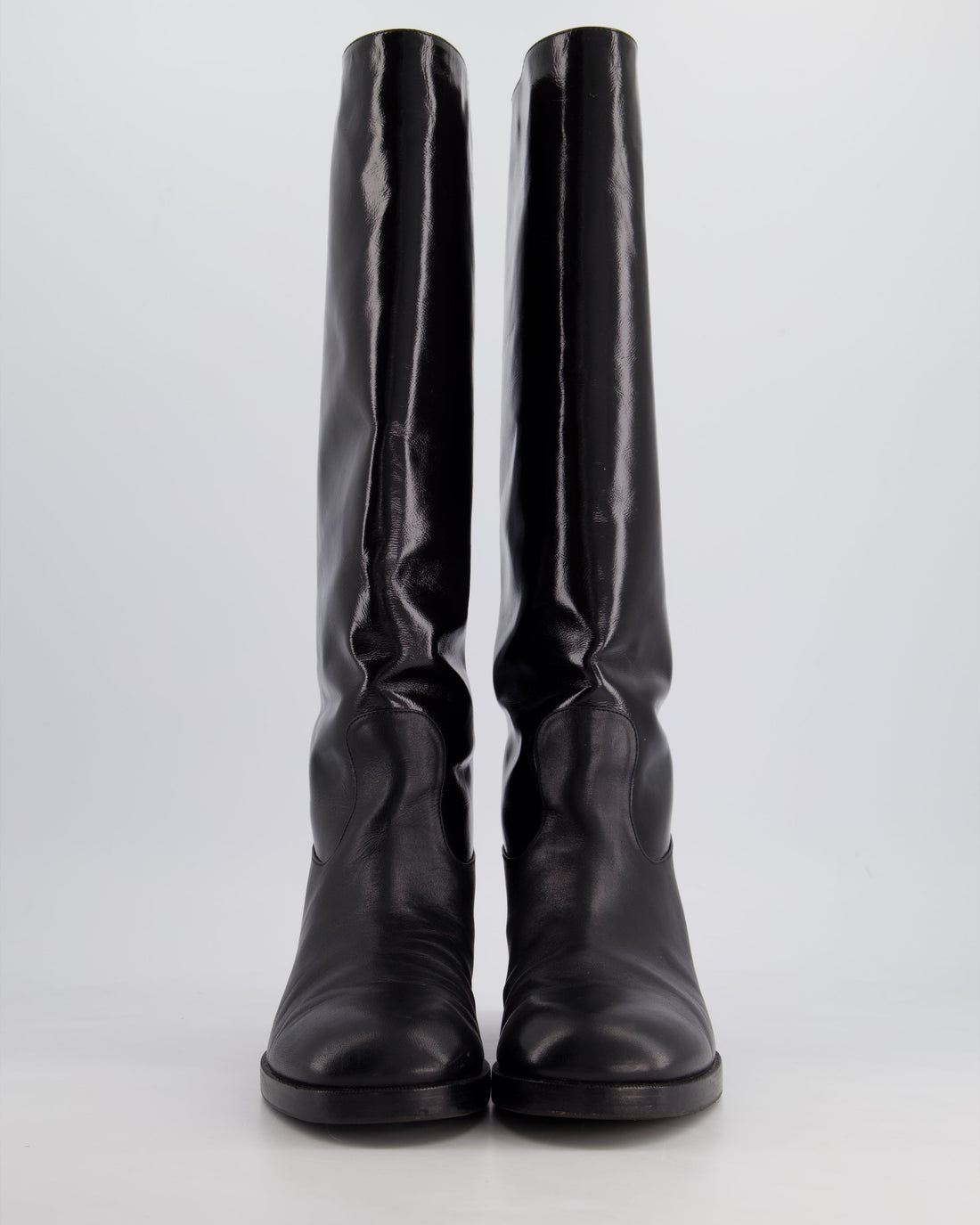 Top Quality Chanel Black Patent Leather Knee High Boots with Embossed Logo Size EU 40