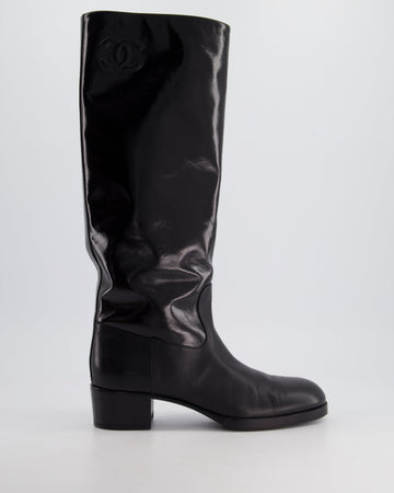 Top Quality Chanel Black Patent Leather Knee High Boots with Embossed Logo Size EU 40