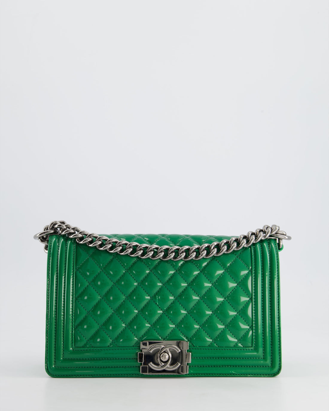 Top Quality Chanel Green Sparkly Patent Leather Medium Boy Bag With Gunmetal Hardware
