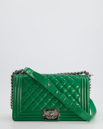 Top Quality Chanel Green Sparkly Patent Leather Medium Boy Bag With Gunmetal Hardware