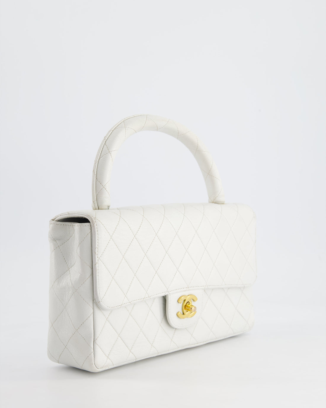 Top Quality Chanel  White Matelasse Leather Top Handle Bag with 24K Gold Hardware