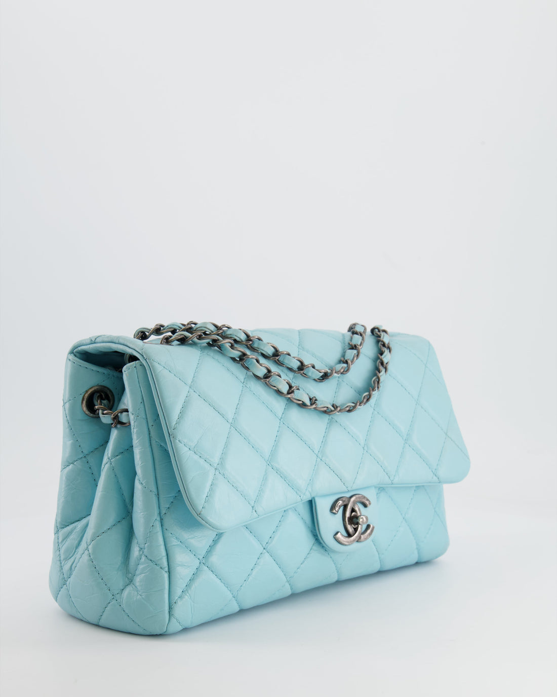 Top Quality Chanel Baby Blue Single Flap Bag in Aged Calfskin Leather with Ruthenium Hardware